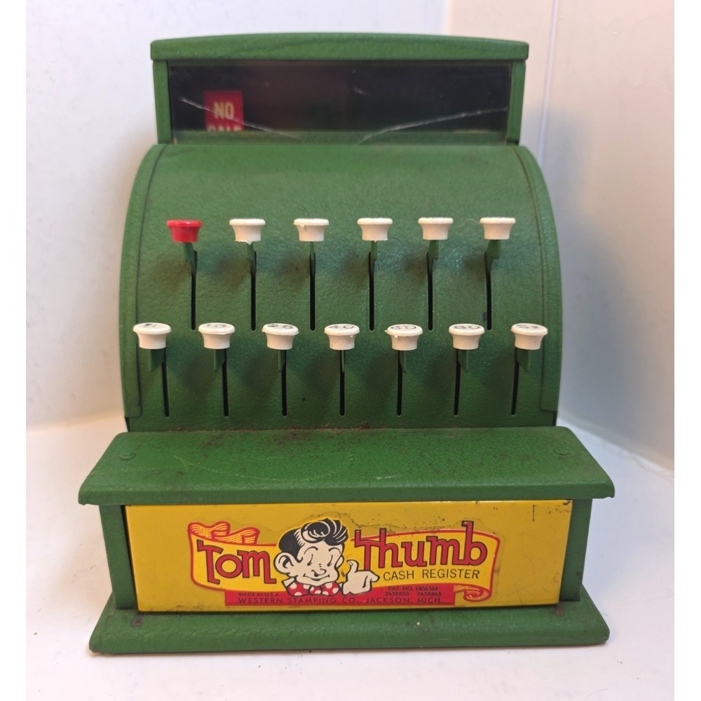 Vtg 50s Tom Thumb Cash Register Toy Metal Green Western Stamping Co Tin WORKS